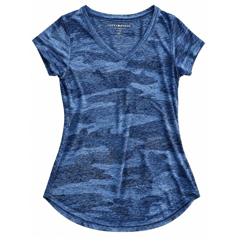 Lucky Brand Women’s XS Blue Camouflage V-Neck Short Sleeve Knit T-Shirt